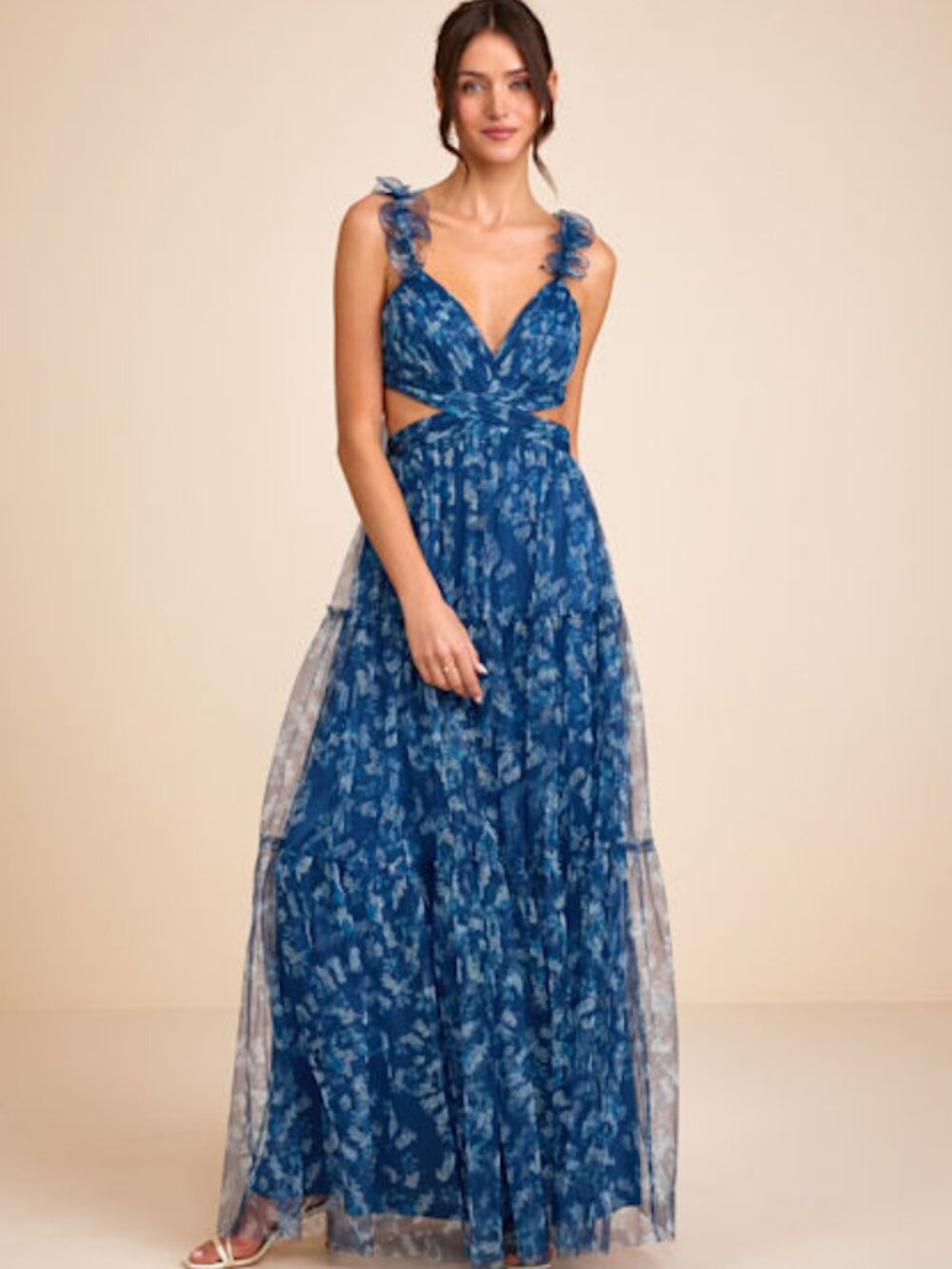 Lulus Ethereal Love Blue Floral Pleated Tiered Tie-Back Maxi Dress XS